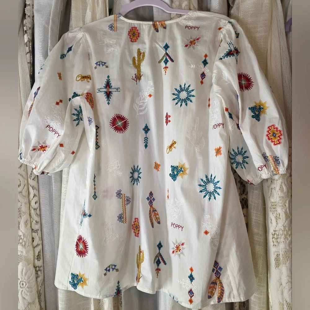 Johnny Was Southwestern Embroidered Top Western Cactus Puff Sleeve S